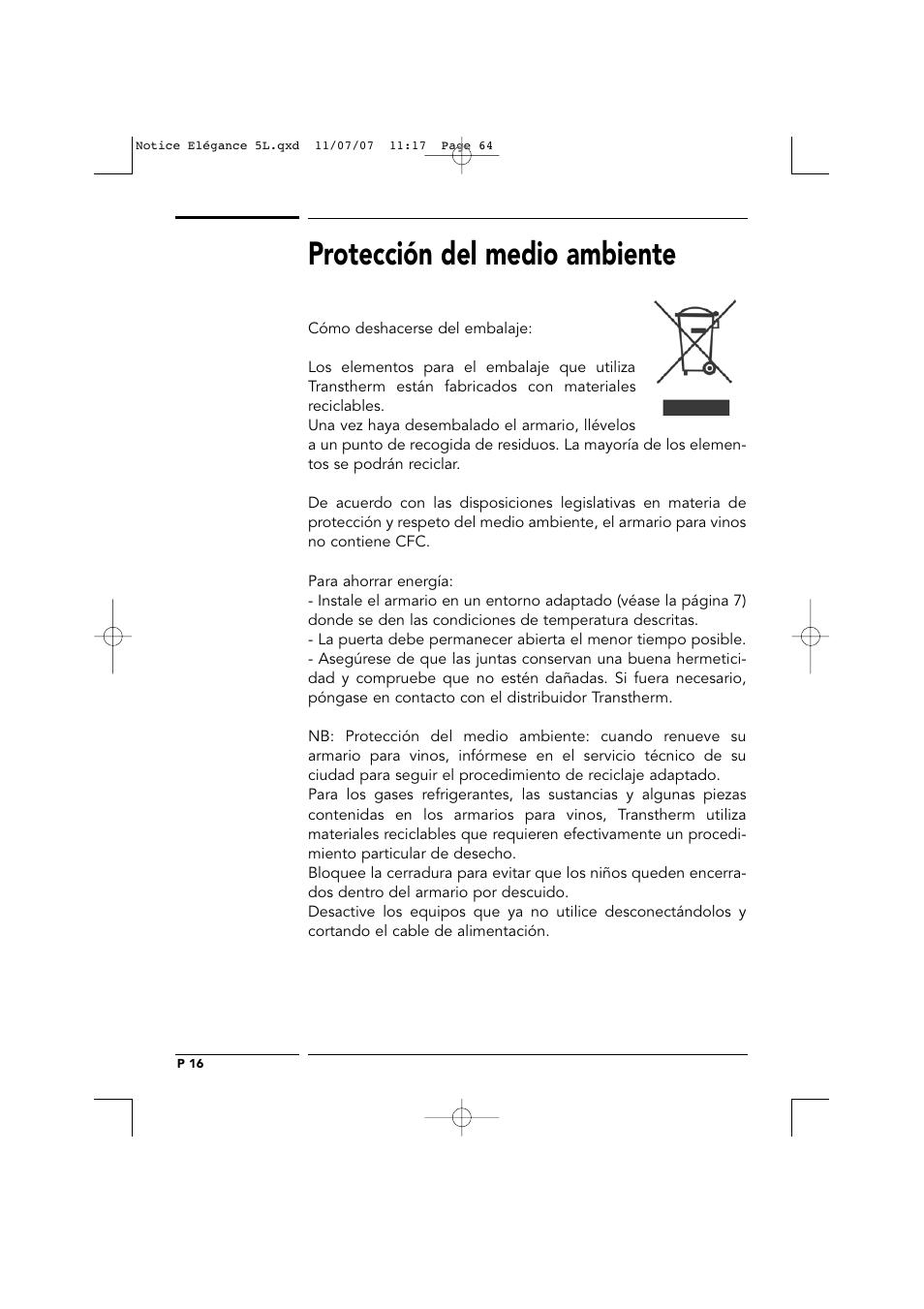 Protección del medio ambiente | Transtherm Elegance Studio Fitted Cabinet User Manual | Page 64 / 100