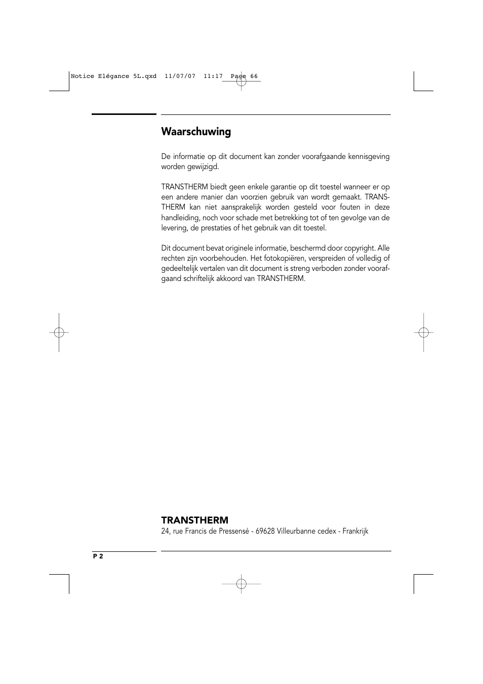 Waarschuwing | Transtherm Elegance Studio Fitted Cabinet User Manual | Page 66 / 100