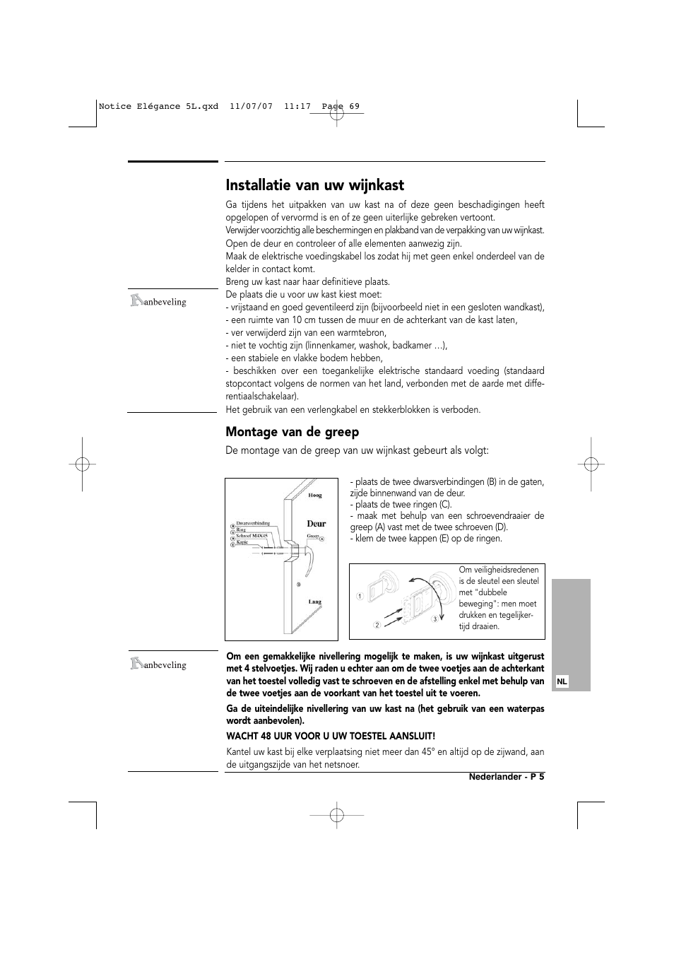 Installatie van uw wijnkast, Montage van de greep | Transtherm Elegance Studio Fitted Cabinet User Manual | Page 69 / 100