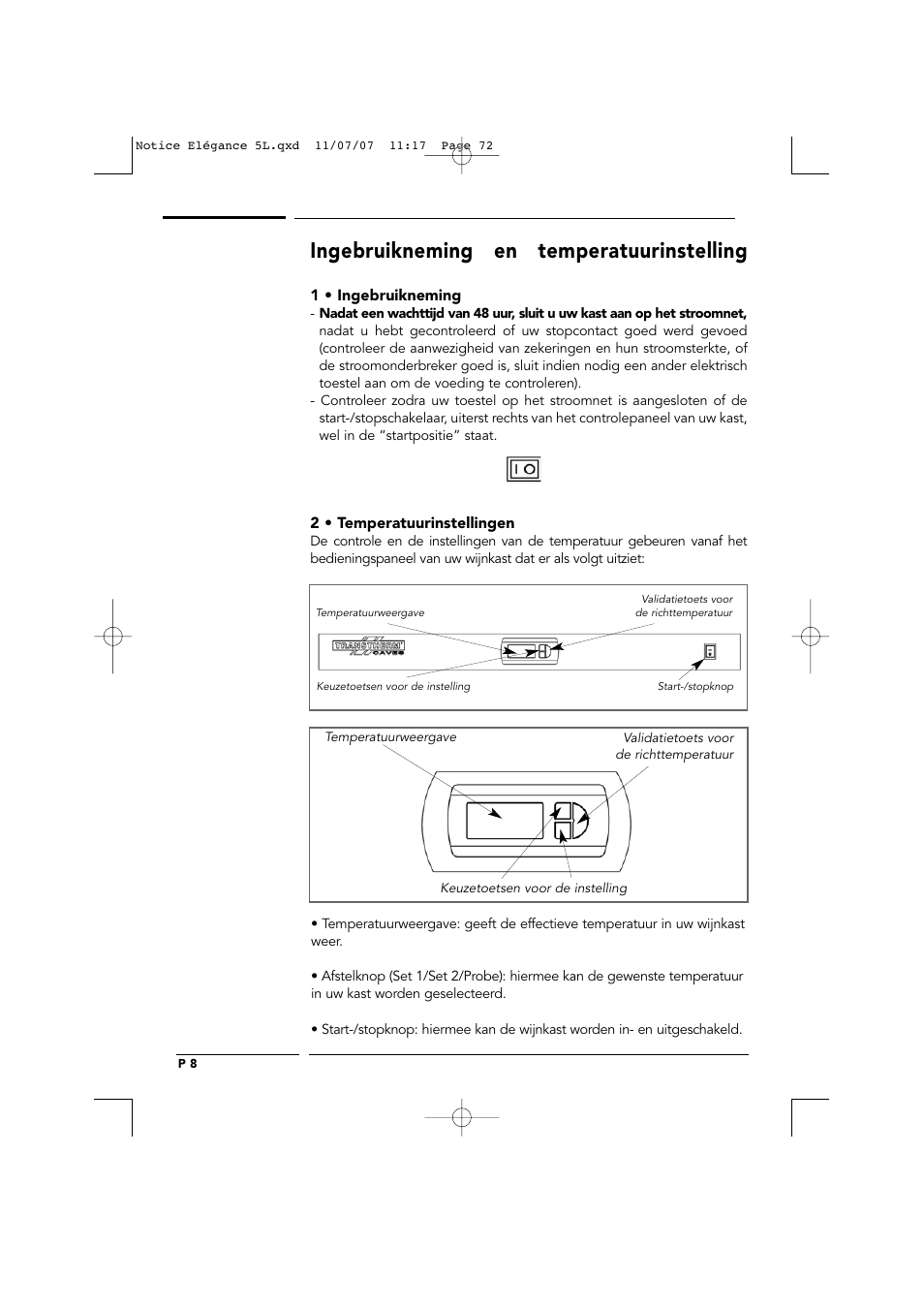 Ingebruikneming en temperatuurinstelling | Transtherm Elegance Studio Fitted Cabinet User Manual | Page 72 / 100