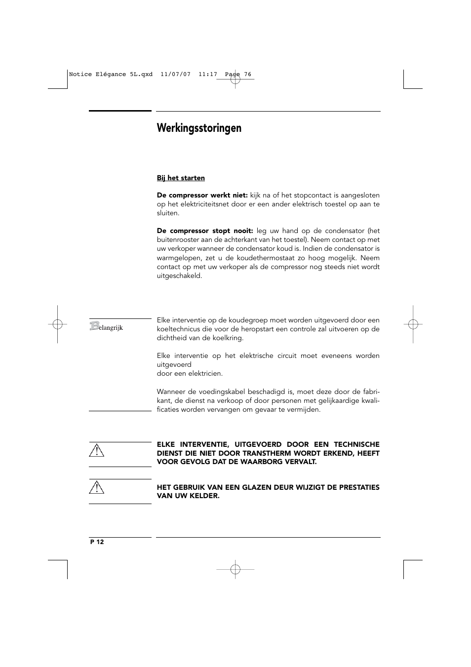 Werkingsstoringen | Transtherm Elegance Studio Fitted Cabinet User Manual | Page 76 / 100