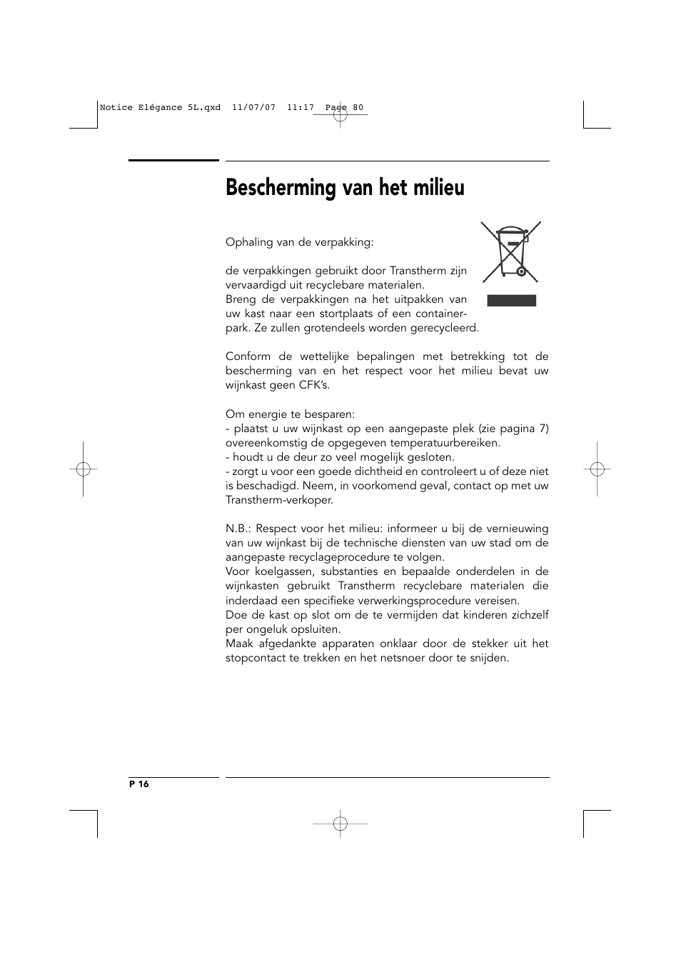 Bescherming van het milieu | Transtherm Elegance Studio Fitted Cabinet User Manual | Page 80 / 100