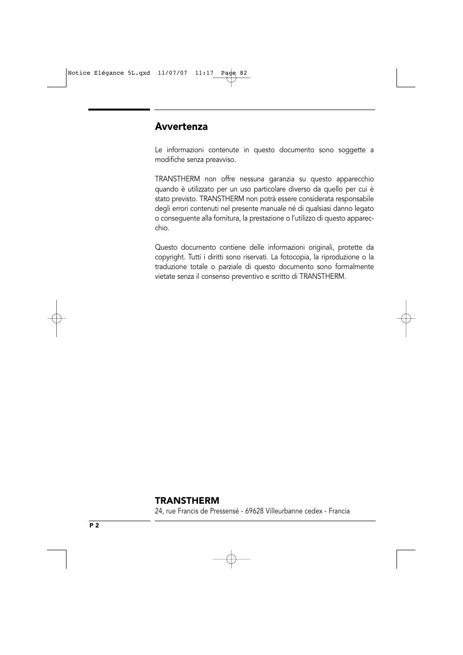 Avvertenza | Transtherm Elegance Studio Fitted Cabinet User Manual | Page 82 / 100