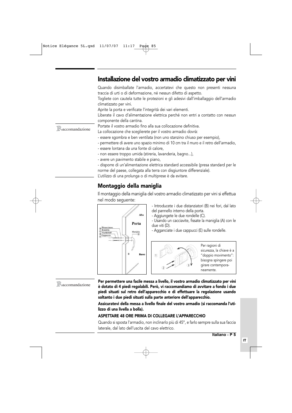 Montaggio della maniglia | Transtherm Elegance Studio Fitted Cabinet User Manual | Page 85 / 100