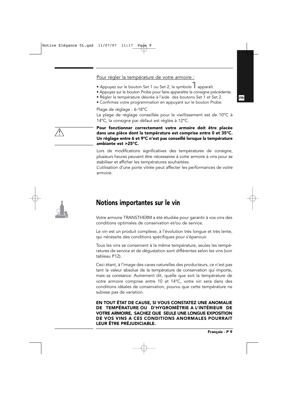Notions importantes sur le vin | Transtherm Elegance Studio Fitted Cabinet User Manual | Page 9 / 100