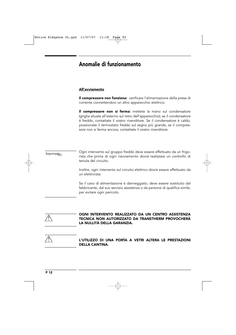 Anomalie di funzionamento | Transtherm Elegance Studio Fitted Cabinet User Manual | Page 92 / 100