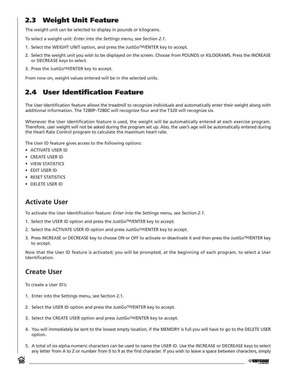 3 weight unit feature, 4 user identification feature, Activate user | Create user | Bodyguard T280C User Manual | Page 10 / 36