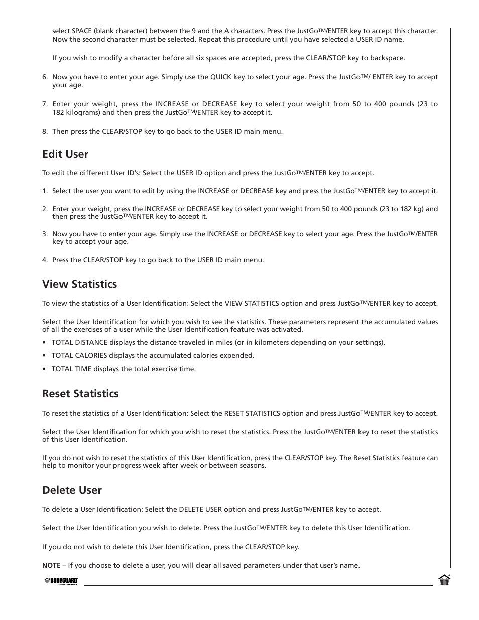 Edit user, View statistics, Reset statistics | Delete user | Bodyguard T280C User Manual | Page 11 / 36