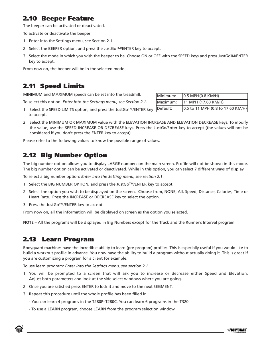 10 beeper feature, 11 speed limits, 12 big number option | 13 learn program | Bodyguard T280C User Manual | Page 14 / 36