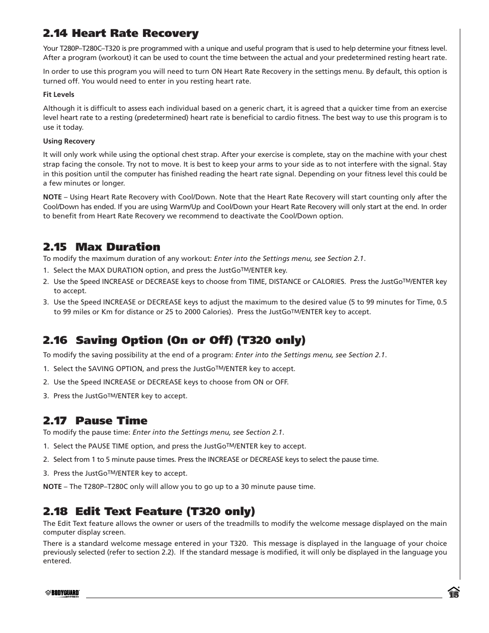 14 heart rate recovery, 15 max duration, 17 pause time | Bodyguard T280C User Manual | Page 15 / 36