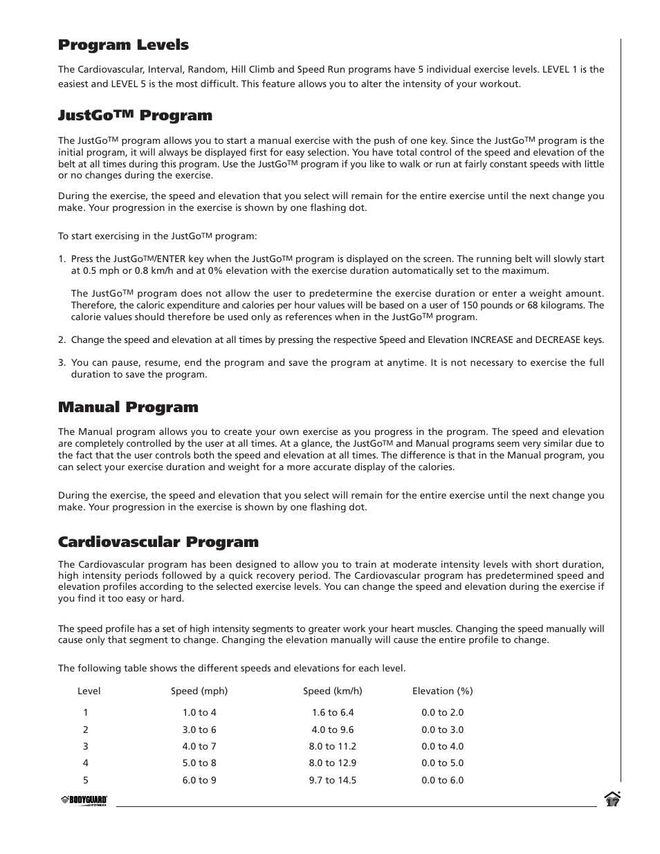 Program levels, Justgo, Program | Manual program, Cardiovascular program | Bodyguard T280C User Manual | Page 17 / 36