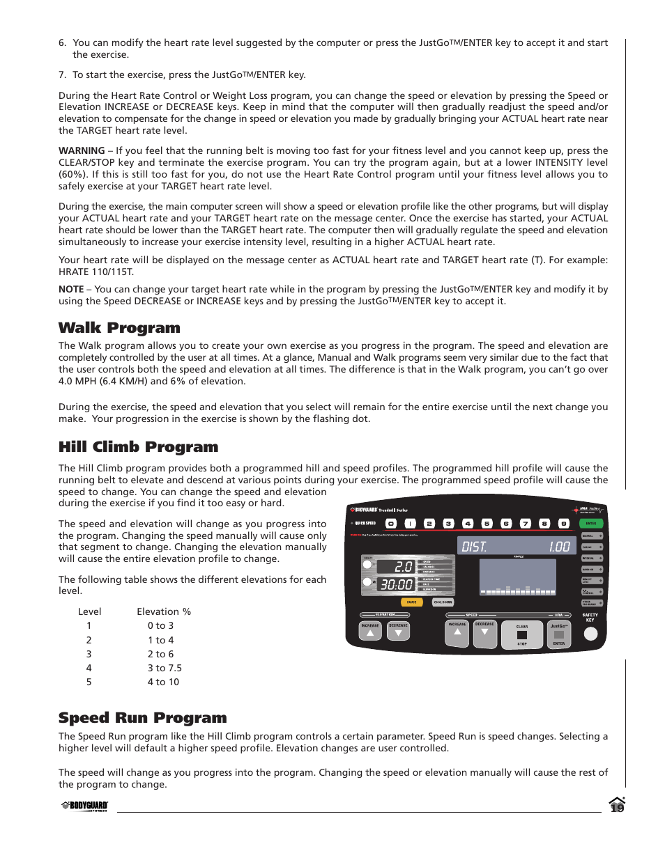 Walk program, Hill climb program, Speed run program | Bodyguard T280C User Manual | Page 19 / 36