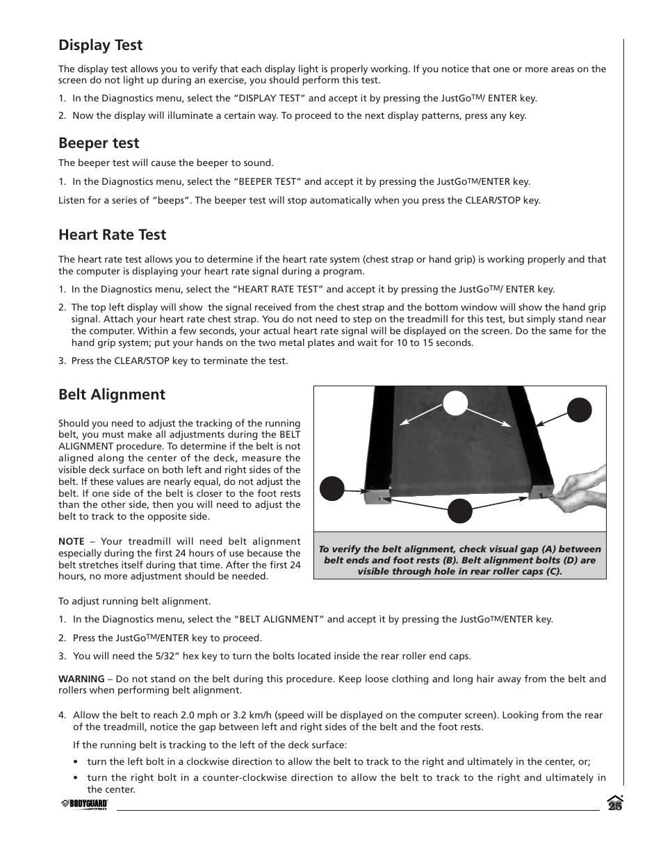 Display test, Beeper test, Heart rate test | Belt alignment | Bodyguard T280C User Manual | Page 25 / 36