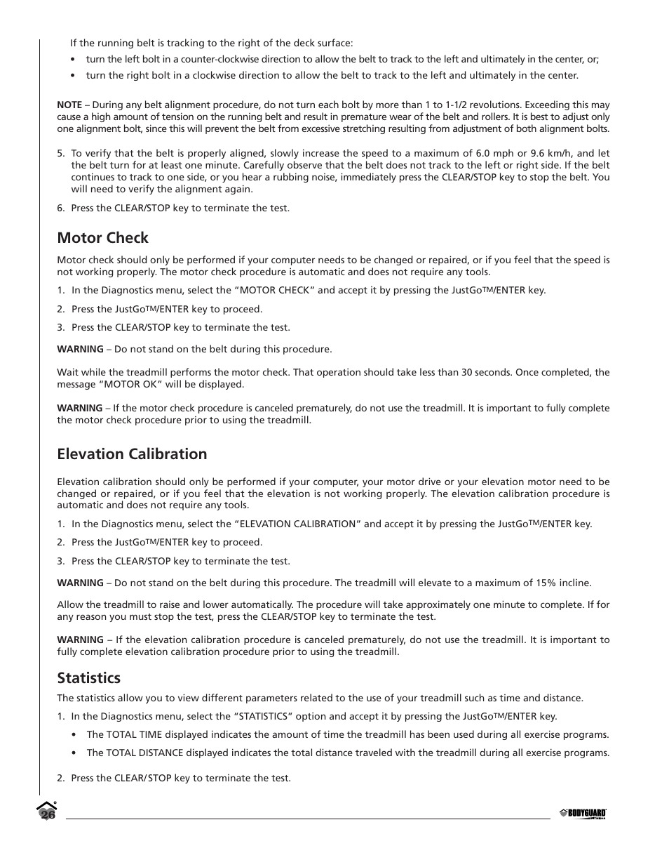 Motor check, Elevation calibration, Statistics | Bodyguard T280C User Manual | Page 26 / 36