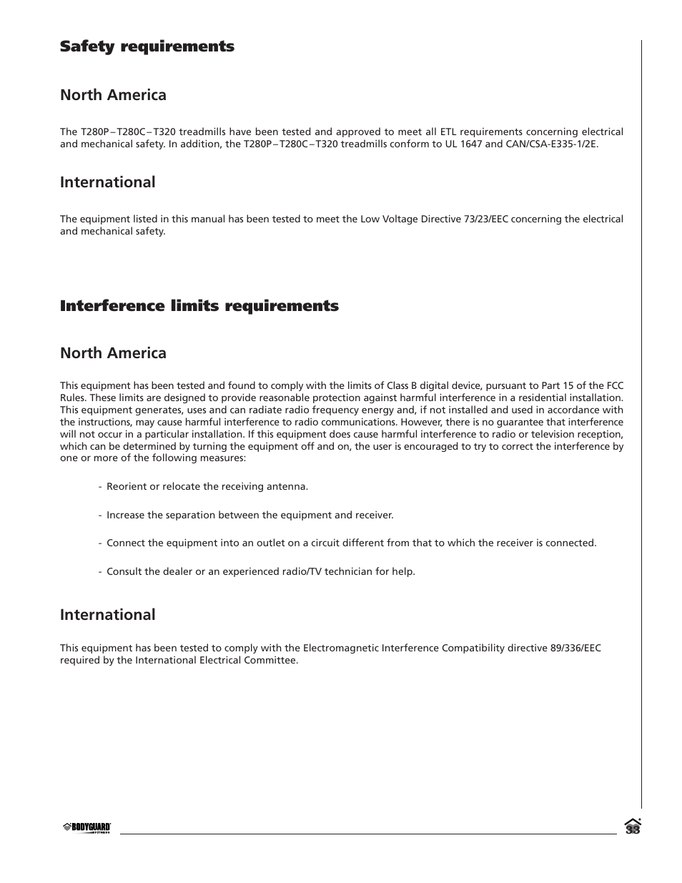 Safety requirements north america, International, Interference limits requirements north america | Bodyguard T280C User Manual | Page 33 / 36