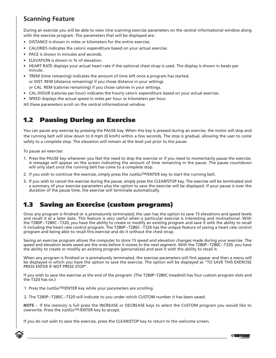Scanning feature, 2 pausing during an exercise, 3 saving an exercise (custom programs) | Bodyguard T280C User Manual | Page 8 / 36