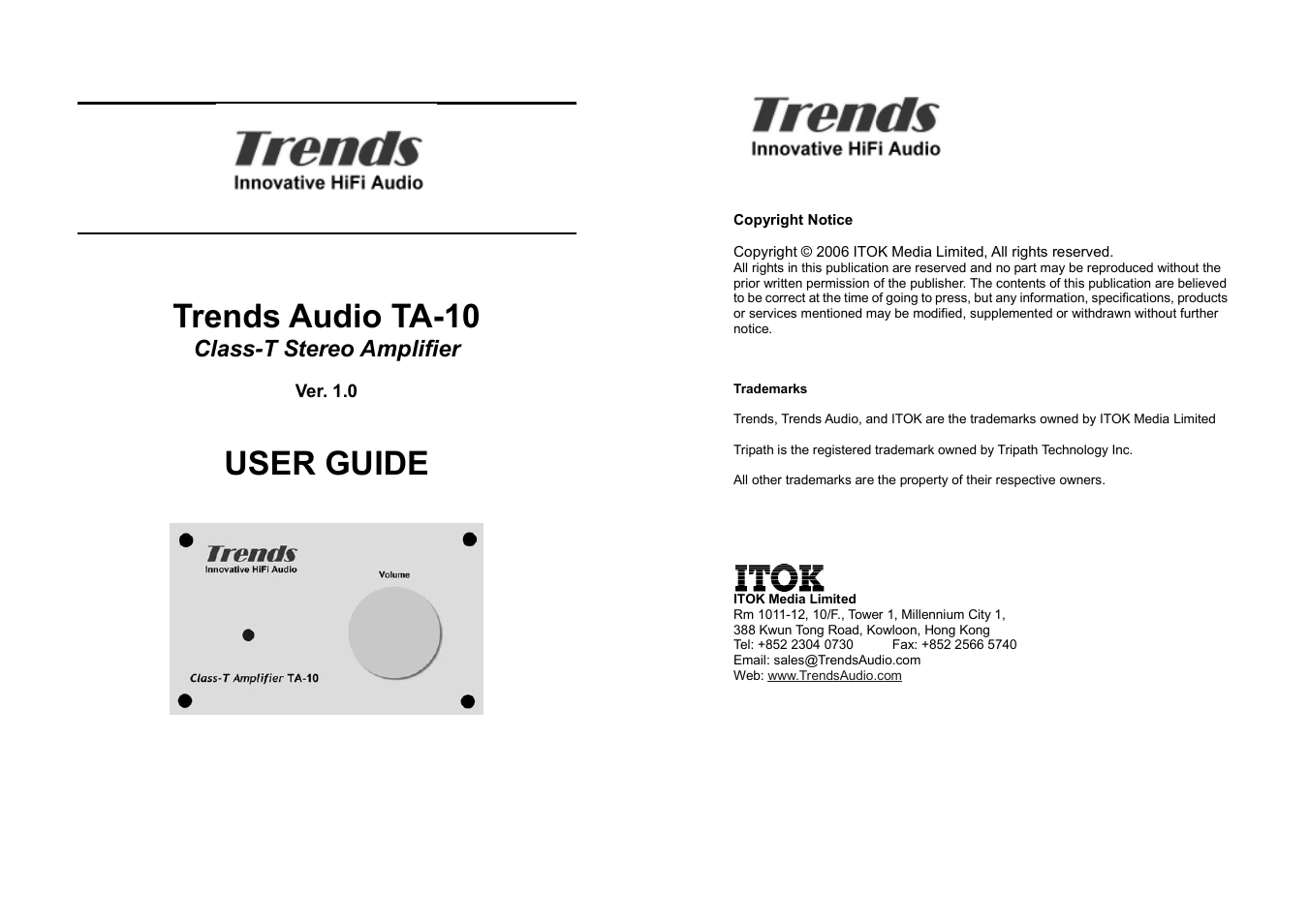 TrendsAudio TA-10 Class-T Stereo Amp User Manual | 4 pages