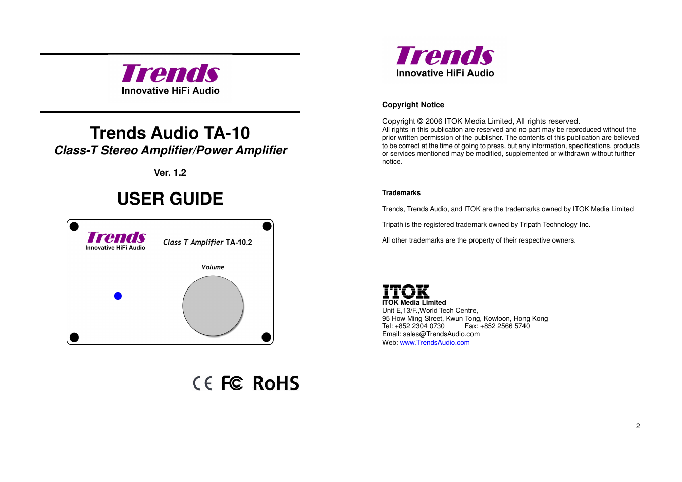 TrendsAudio TA-10.2 Class-T Stereo Amp/Power Amp User Manual | 4 pages