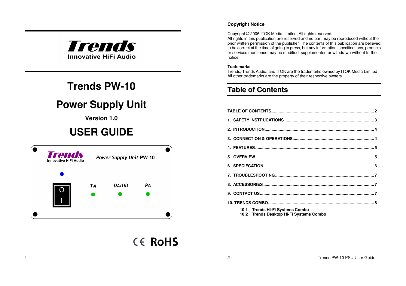 TrendsAudio PW-10 PSU User Manual | 4 pages