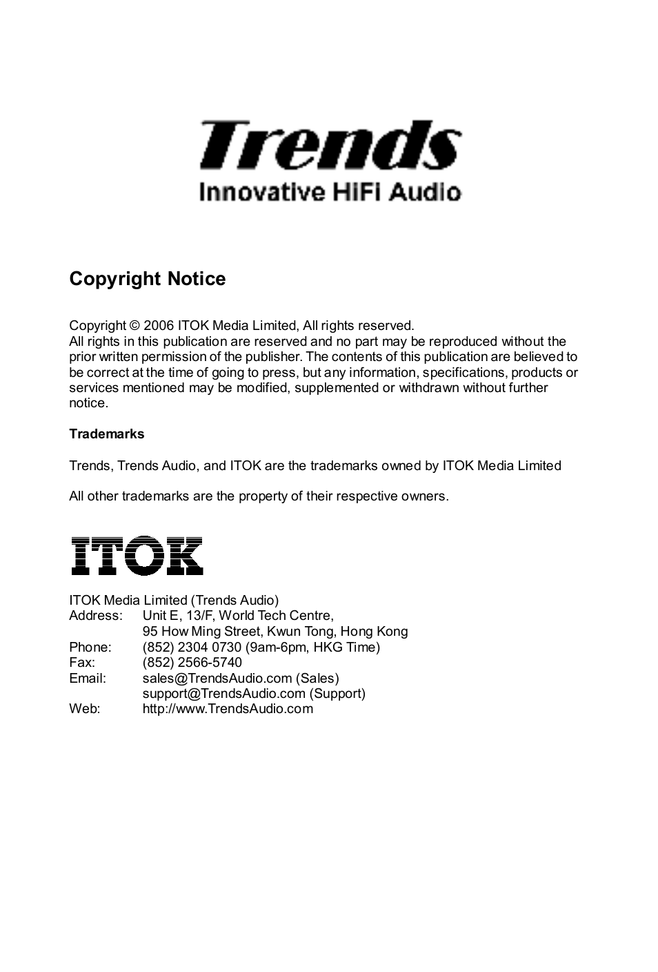 Copyright notice | TrendsAudio UD-10.1 USB Audio Converter User Manual | Page 2 / 10