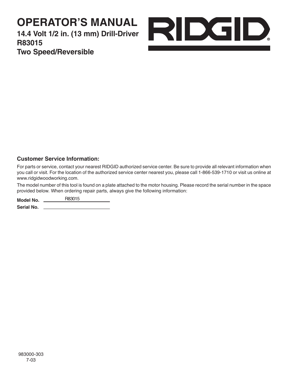 Operator’s manual | RIDGID R83015 User Manual | Page 20 / 20