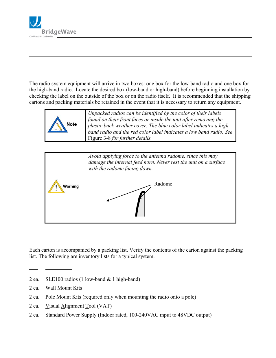 3 installation 3.1 equipment unpacking, 2 equipment inventory | BridgeWave SLE100 User Manual | Page 12 / 40