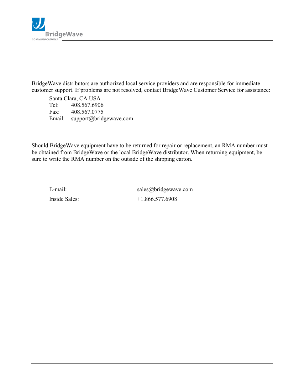 3 contact information | BridgeWave SLE100 User Manual | Page 7 / 40