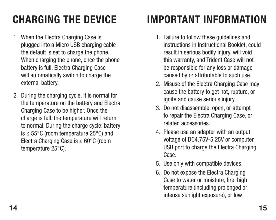 Important information, Charging the device | Trident Case Samsung Limited Edition Bundle - Electra Case - Case Installation Instructions User Manual | Page 8 / 14