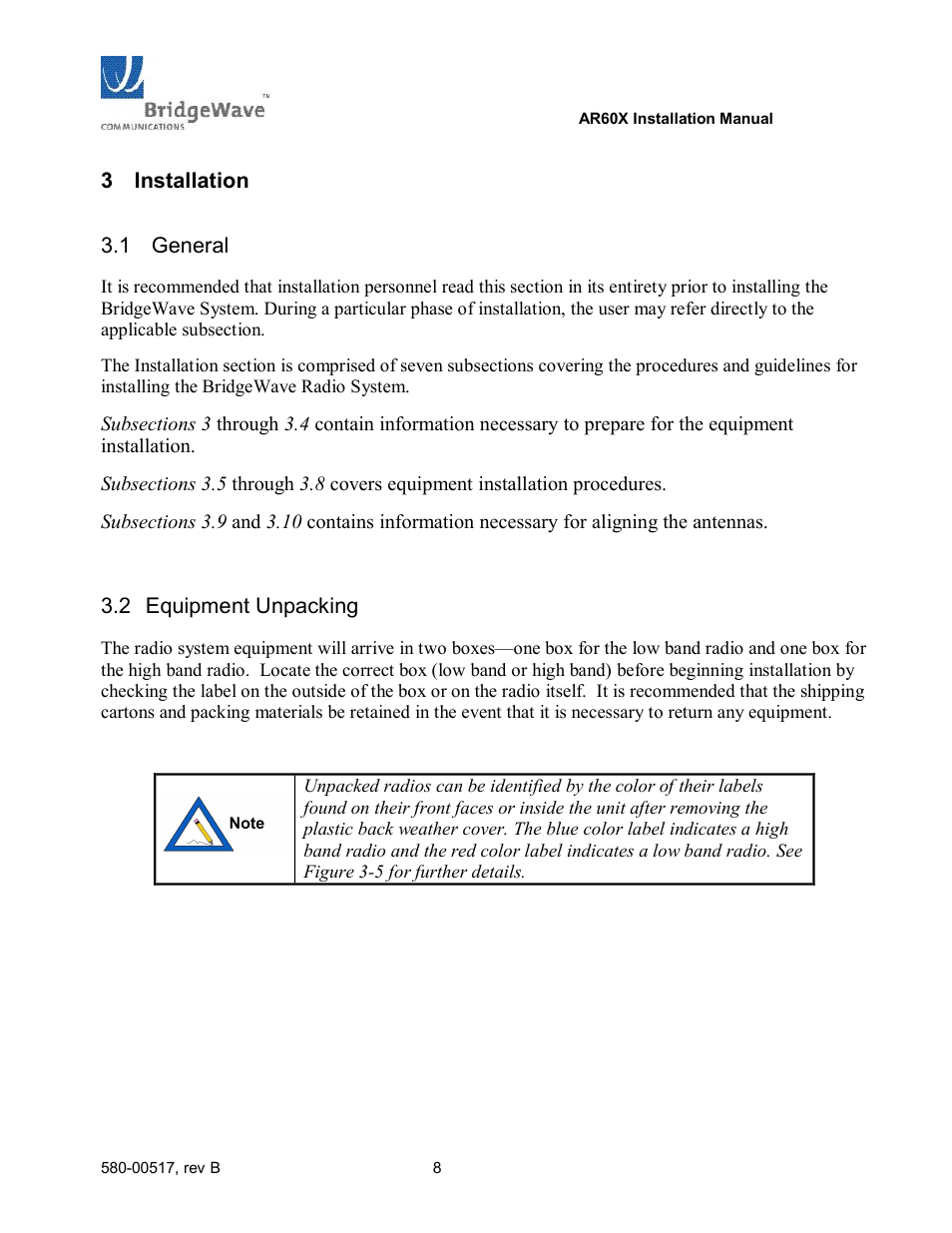 3 installation, Installation, General | Equipment unpacking | BridgeWave AR60X User Manual | Page 14 / 40