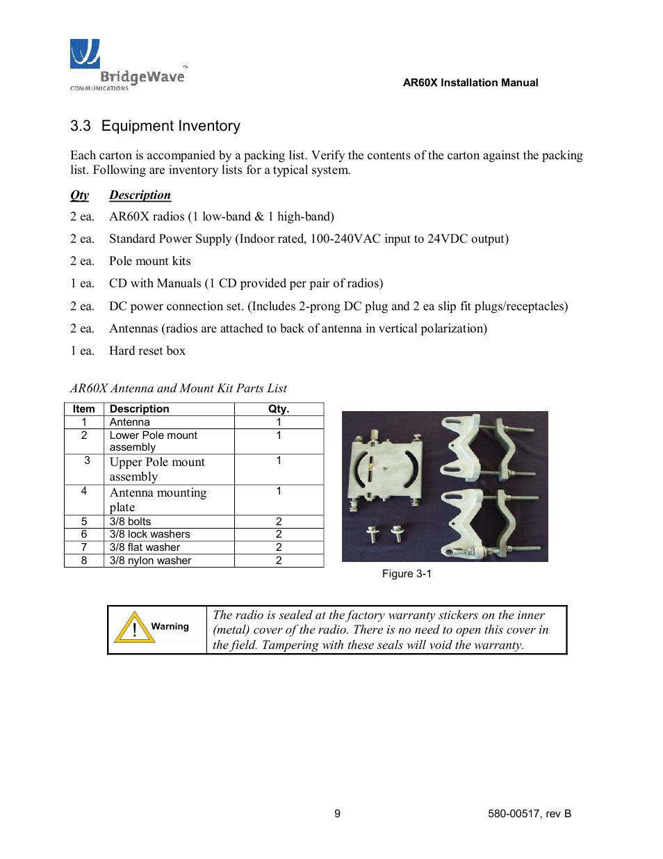 Equipment inventory, 3 equipment inventory | BridgeWave AR60X User Manual | Page 15 / 40