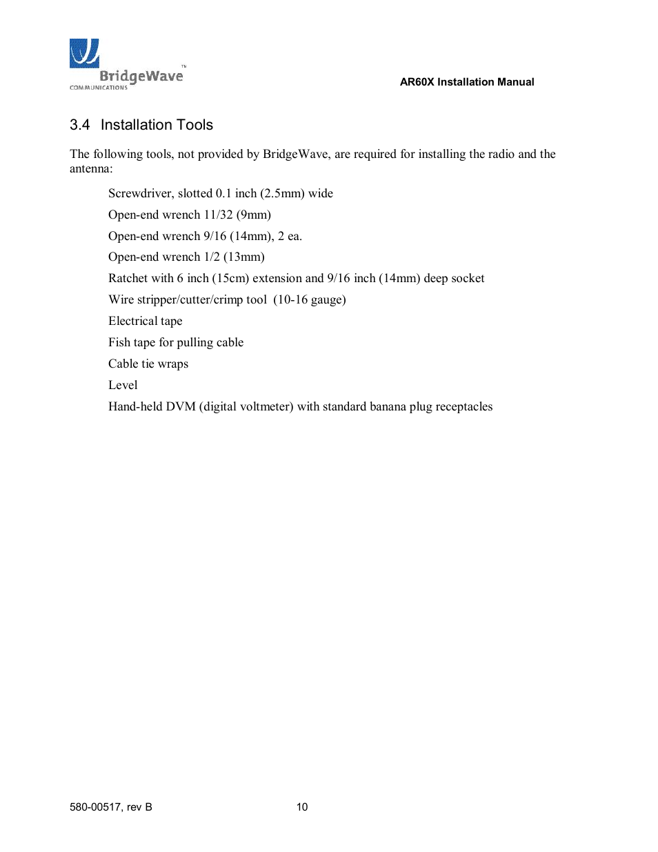 Installation tools | BridgeWave AR60X User Manual | Page 16 / 40