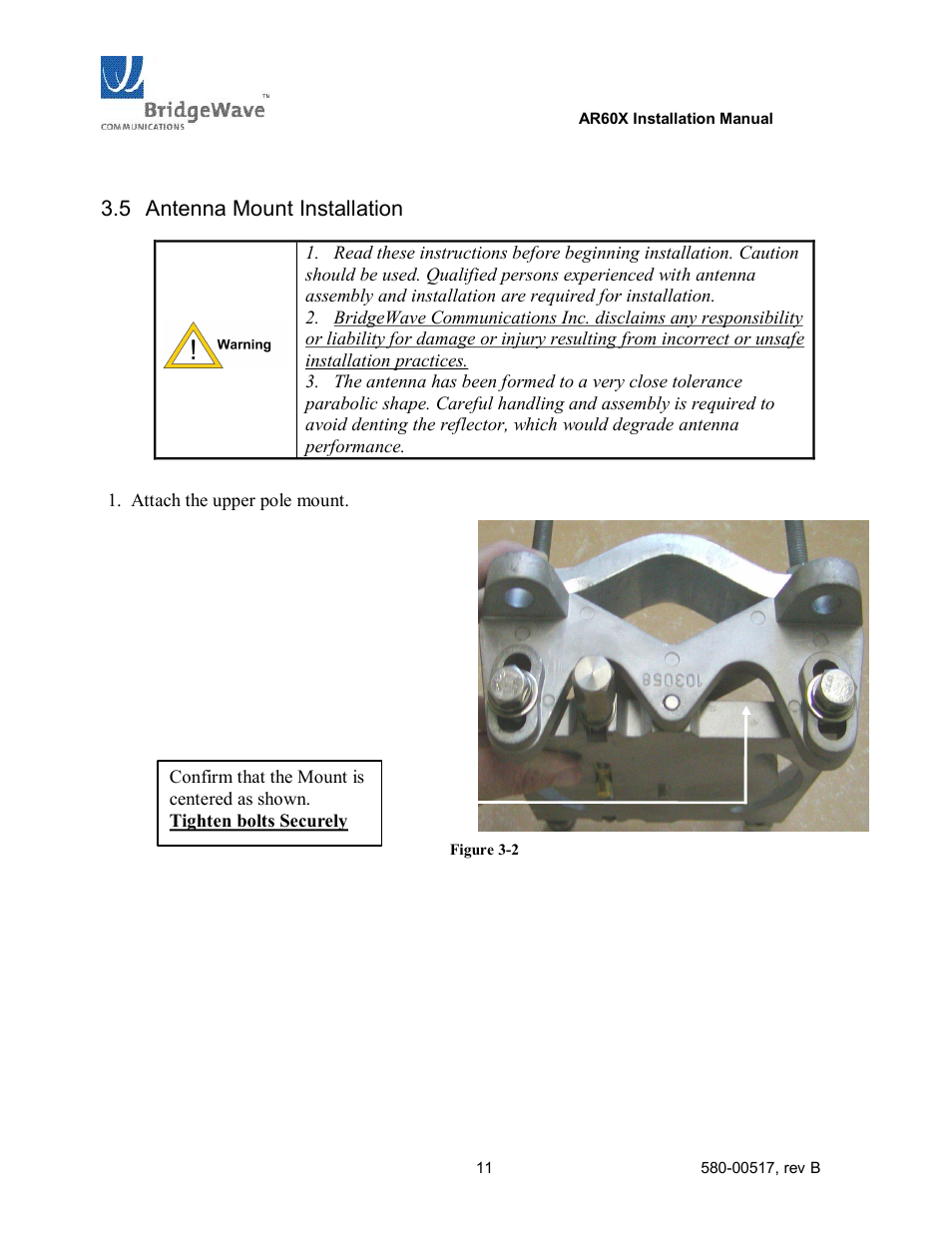 Antenna mount installation, 5 antenna mount installation | BridgeWave AR60X User Manual | Page 17 / 40