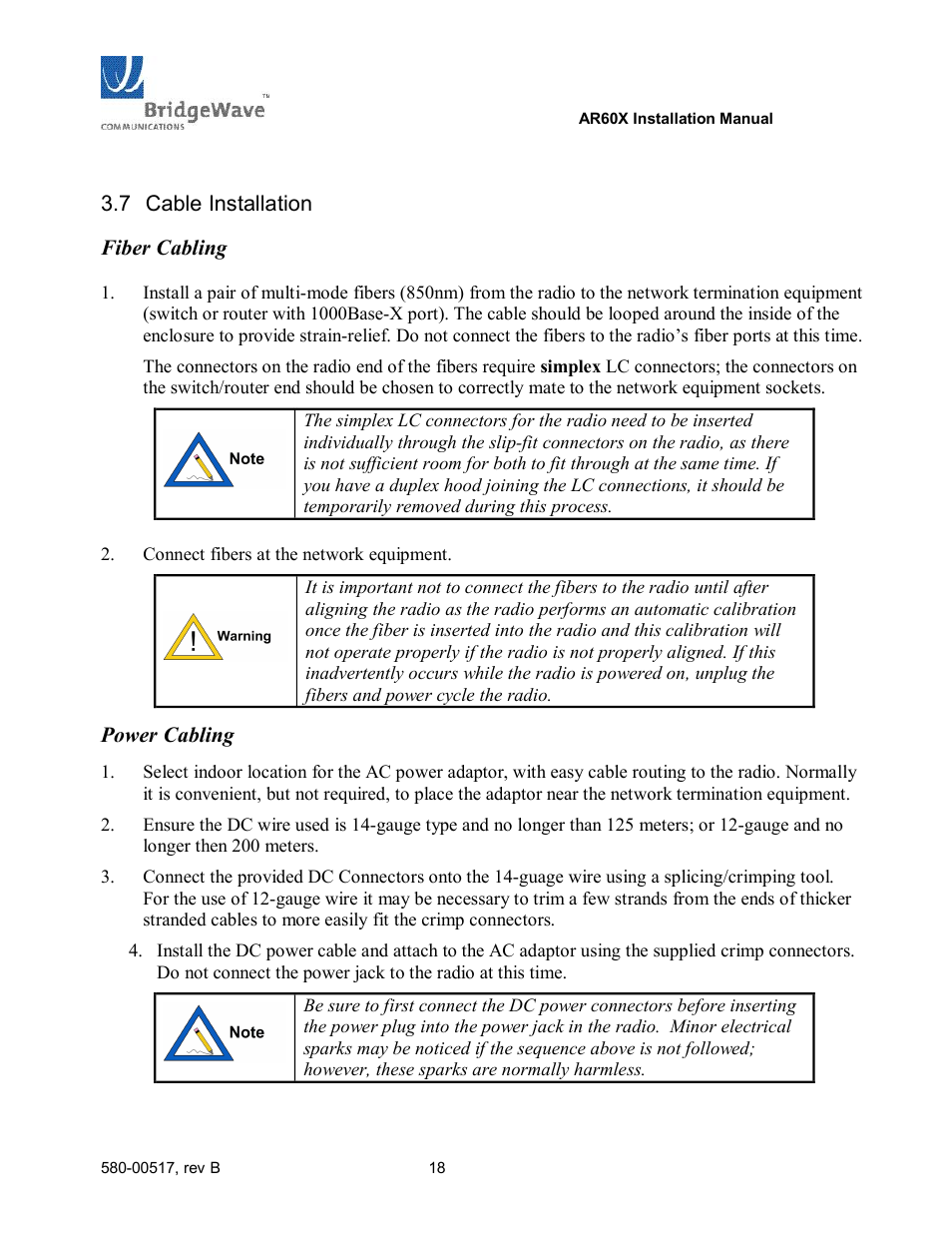 Cable installation | BridgeWave AR60X User Manual | Page 24 / 40