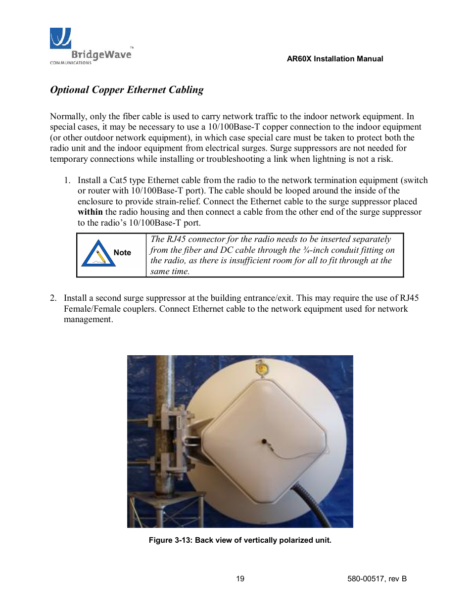 Optional copper ethernet cabling | BridgeWave AR60X User Manual | Page 25 / 40