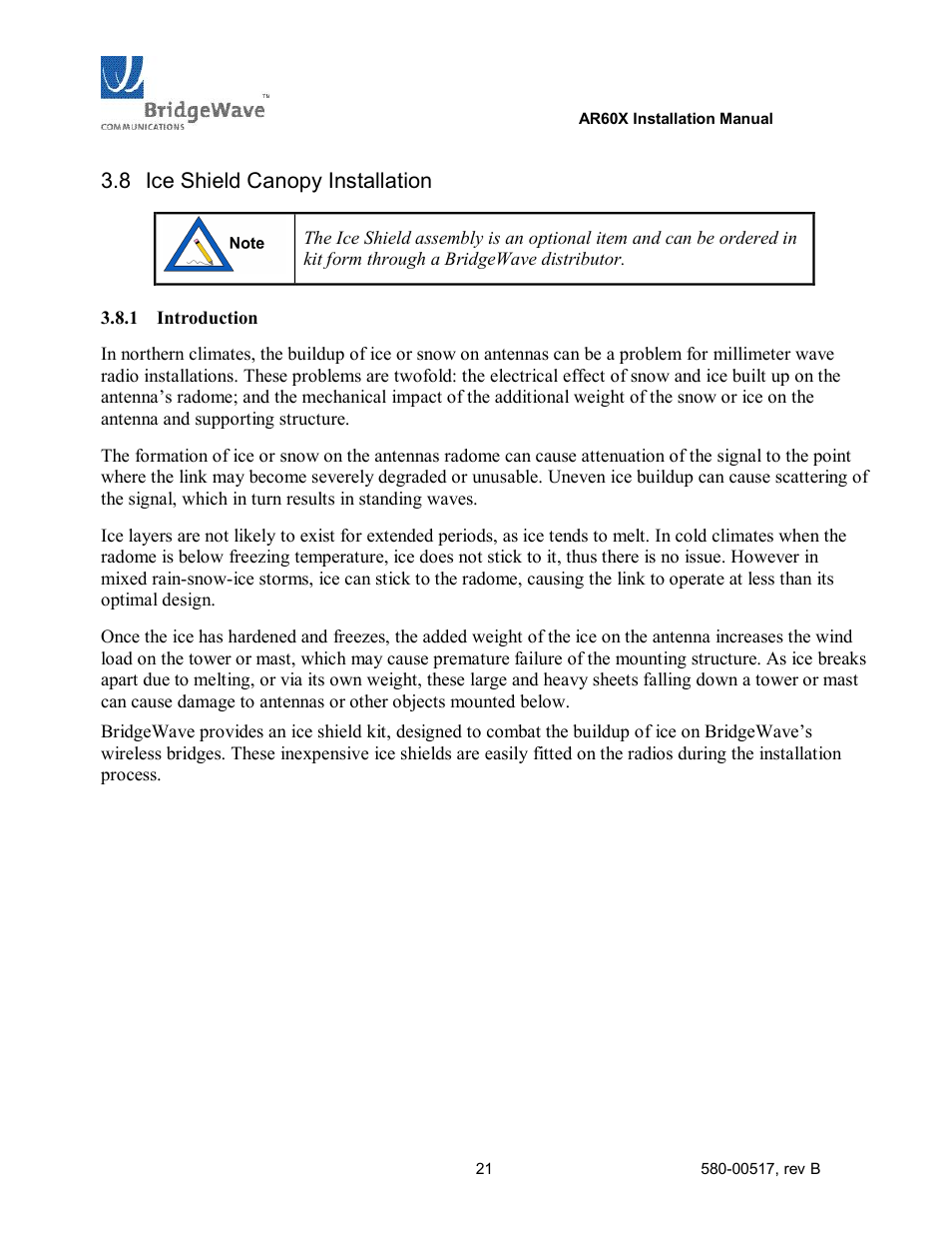 Ice shield canopy installation, 8 ice shield canopy installation | BridgeWave AR60X User Manual | Page 27 / 40