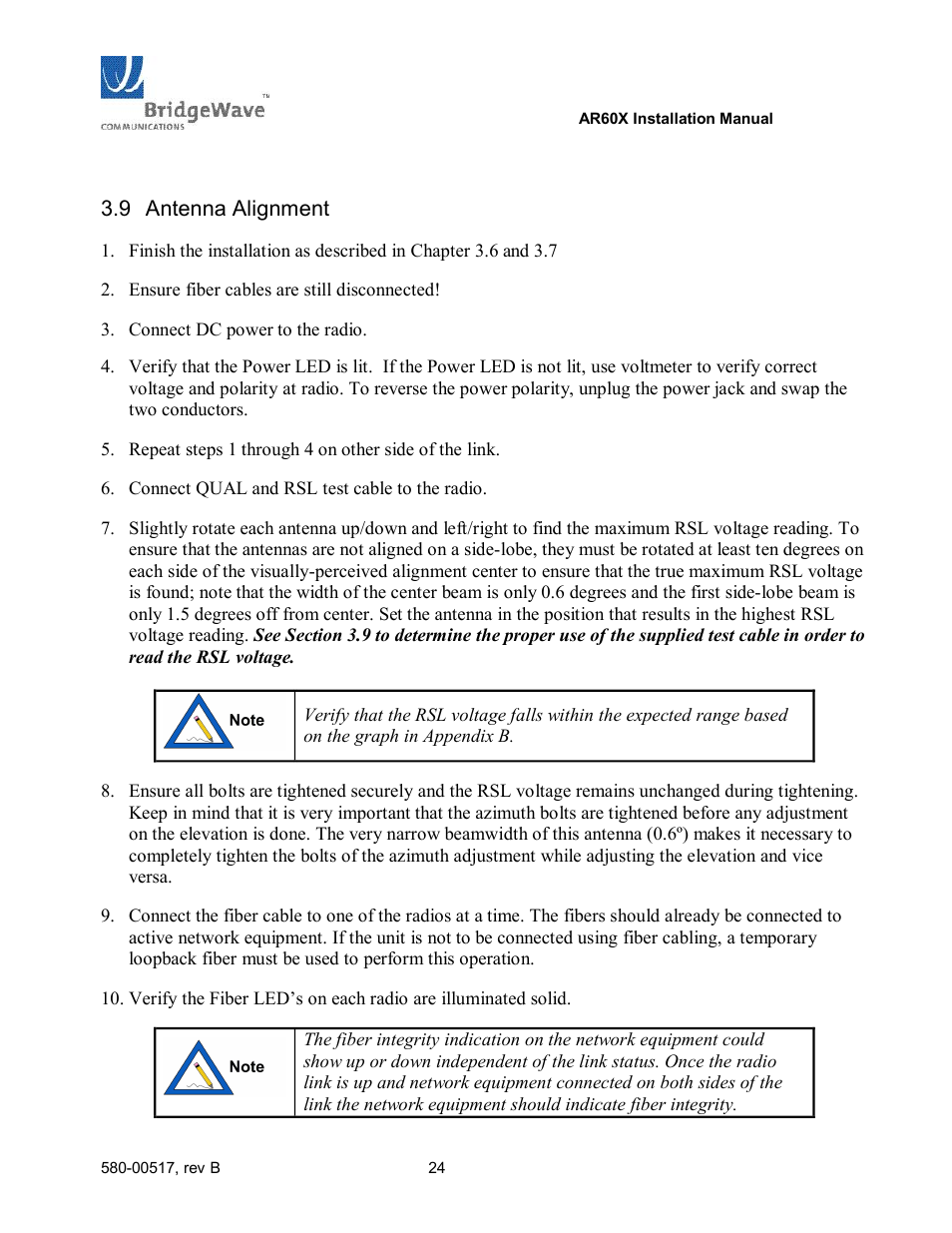 Antenna alignment | BridgeWave AR60X User Manual | Page 30 / 40