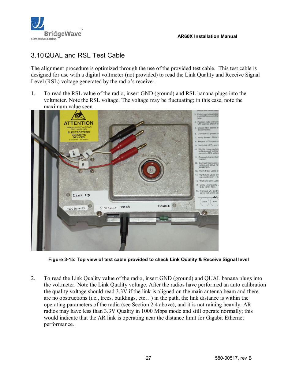 Qual and rsl test cable, 10 qual and rsl test cable | BridgeWave AR60X User Manual | Page 33 / 40