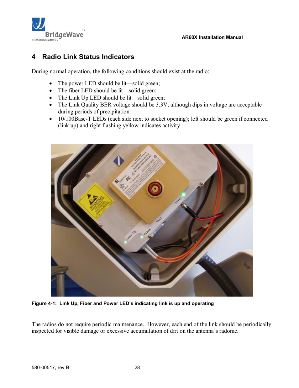 4 radio link status indicators, Radio link status indicators | BridgeWave AR60X User Manual | Page 34 / 40