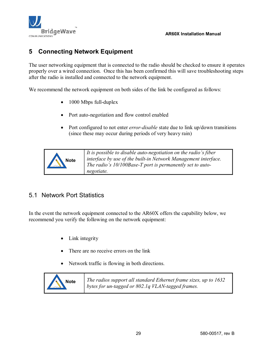 5 connecting network equipment, Connecting network equipment, Network port statistics | BridgeWave AR60X User Manual | Page 35 / 40