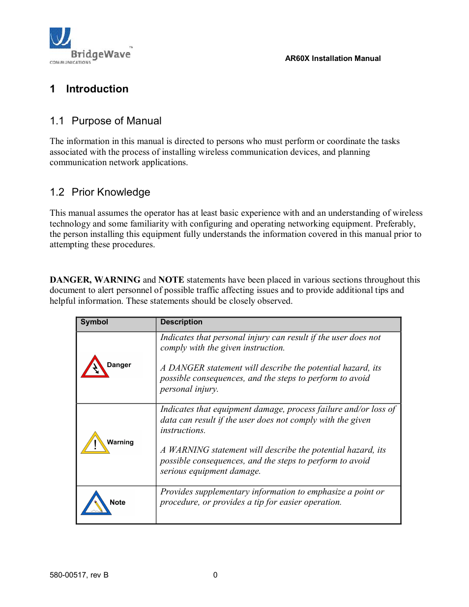 1 introduction, Introduction, Purpose of manual | Prior knowledge | BridgeWave AR60X User Manual | Page 6 / 40