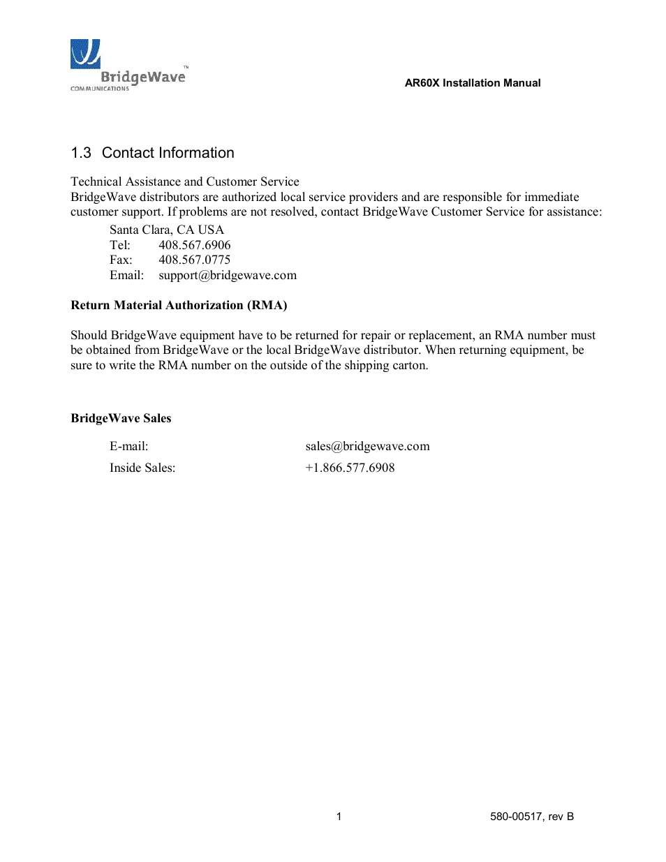 Contact information | BridgeWave AR60X User Manual | Page 7 / 40