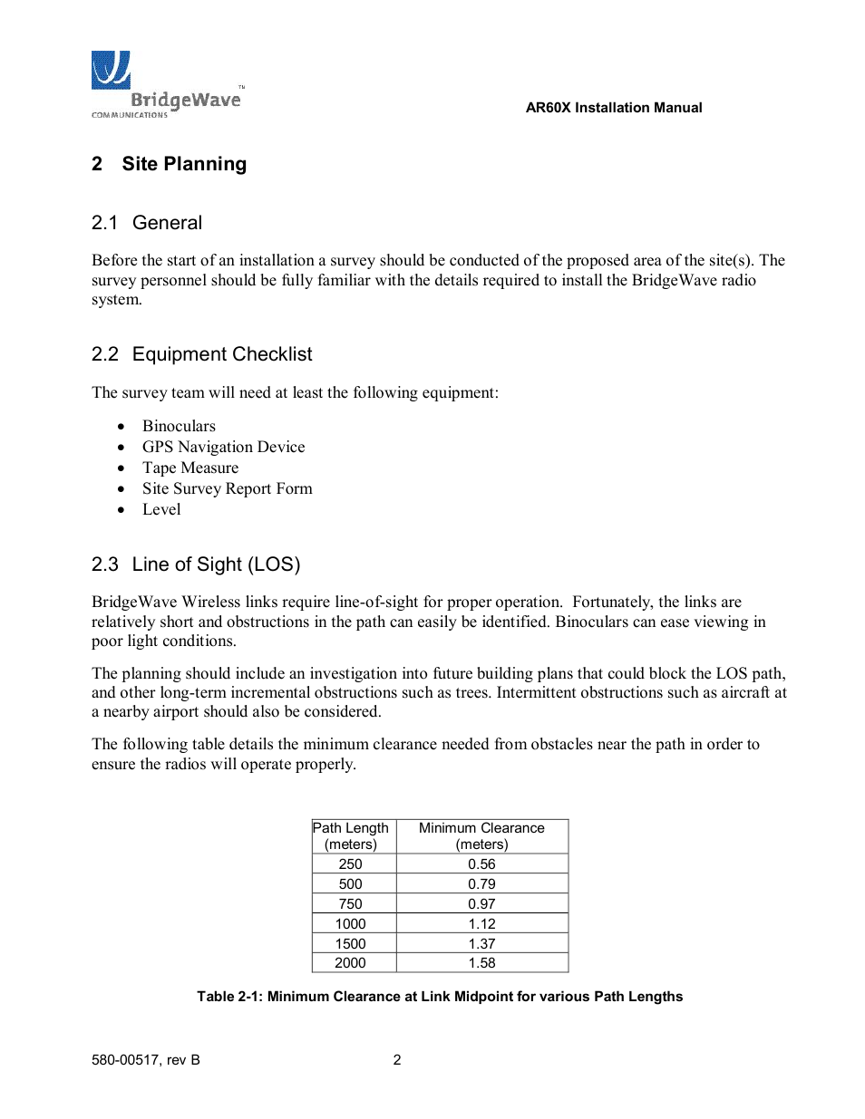 2 site planning, Site planning, General | Equipment checklist, Line of sight (los), 2 site planning 2.1 general, 2 equipment checklist, 3 line of sight (los) | BridgeWave AR60X User Manual | Page 8 / 40
