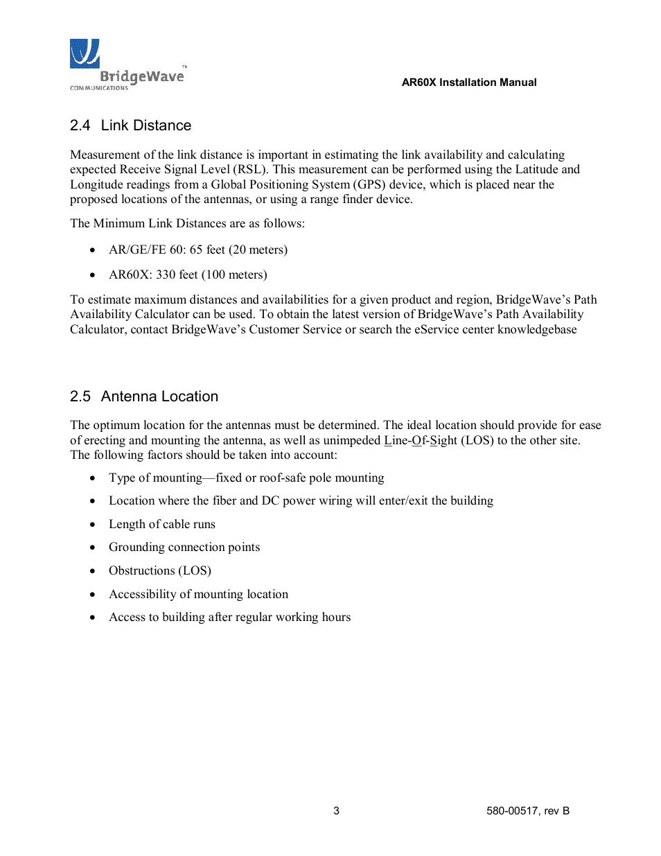 Link distance, Antenna location | BridgeWave AR60X User Manual | Page 9 / 40