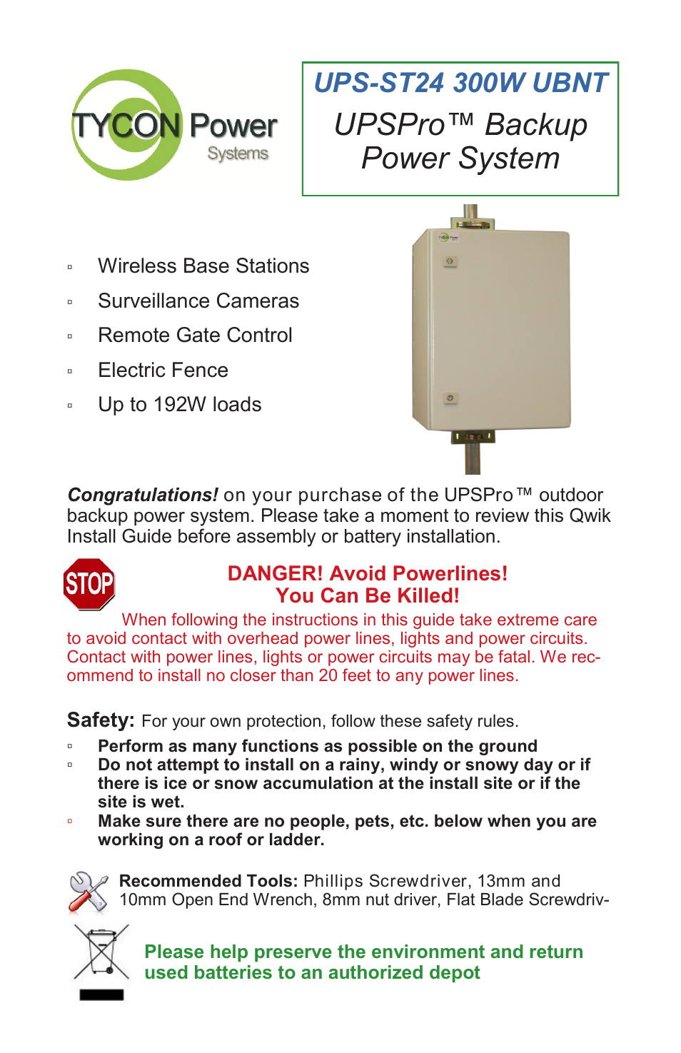 Tycon Power UPS-ST24-100-8-UBNT User Manual | 8 pages