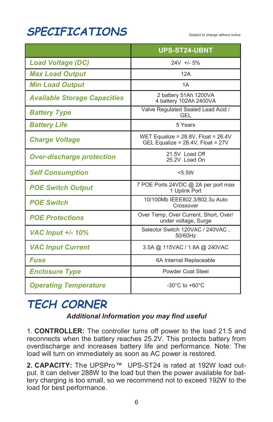 Tech corner, Specifications | Tycon Power UPS-ST24-100-8-UBNT User Manual | Page 6 / 8