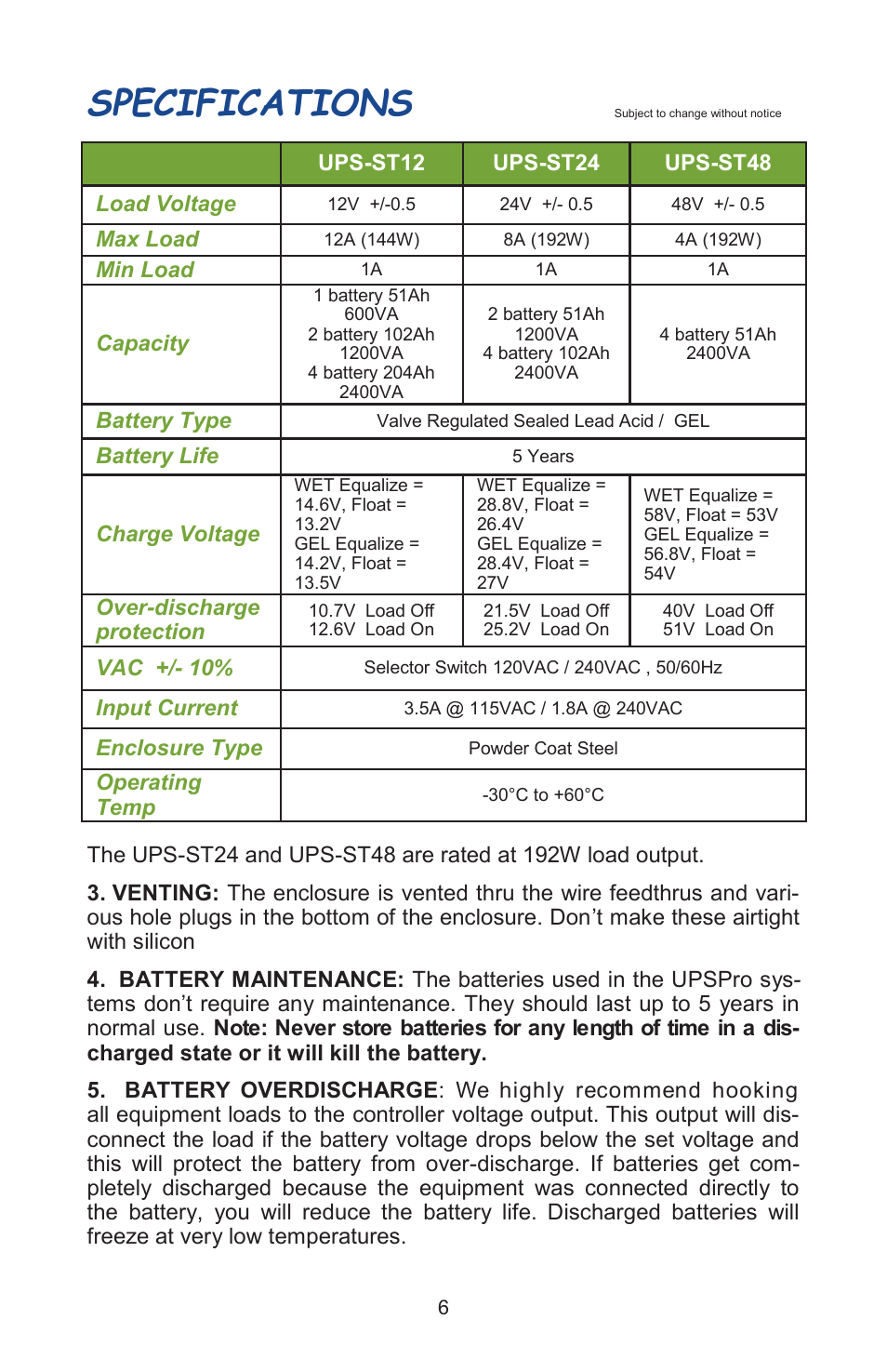 Specifications | Tycon Power UPS-ST12-50 User Manual | Page 6 / 8