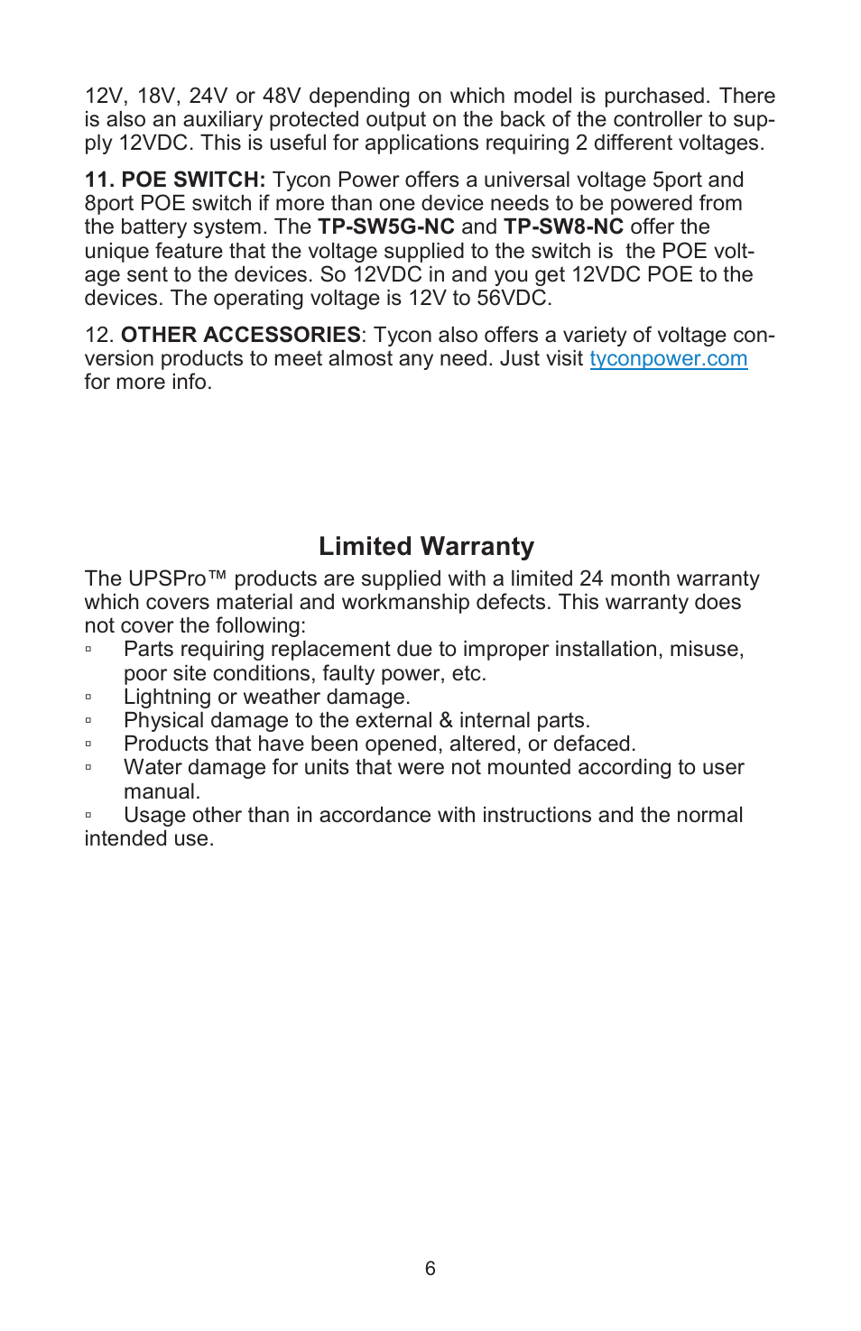 Limited warranty | Tycon Power UPS-DC1212-9 User Manual | Page 6 / 8