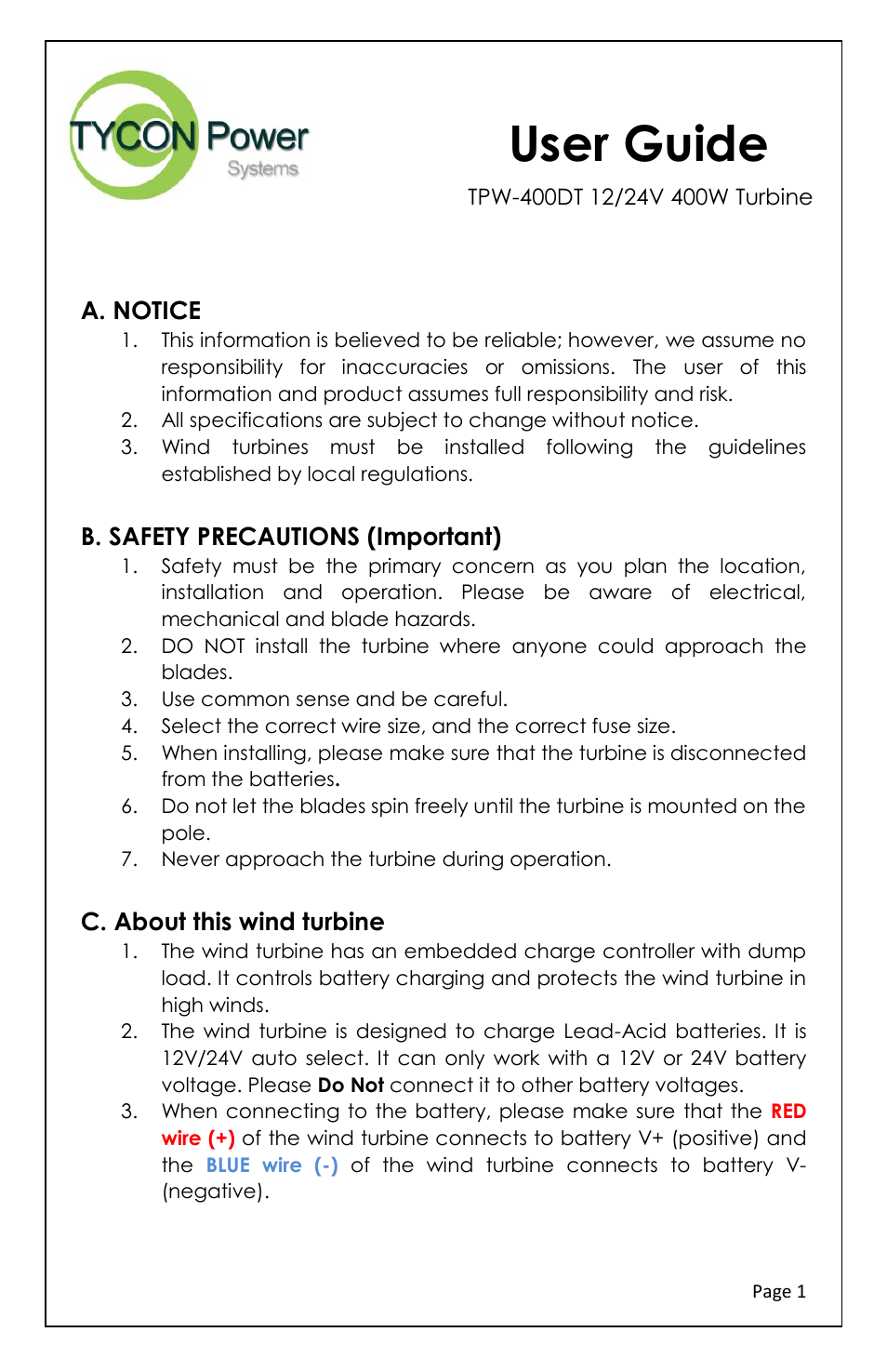 Tycon Power TPW-400DT 12/24V 400W Turbine User Manual | 8 pages