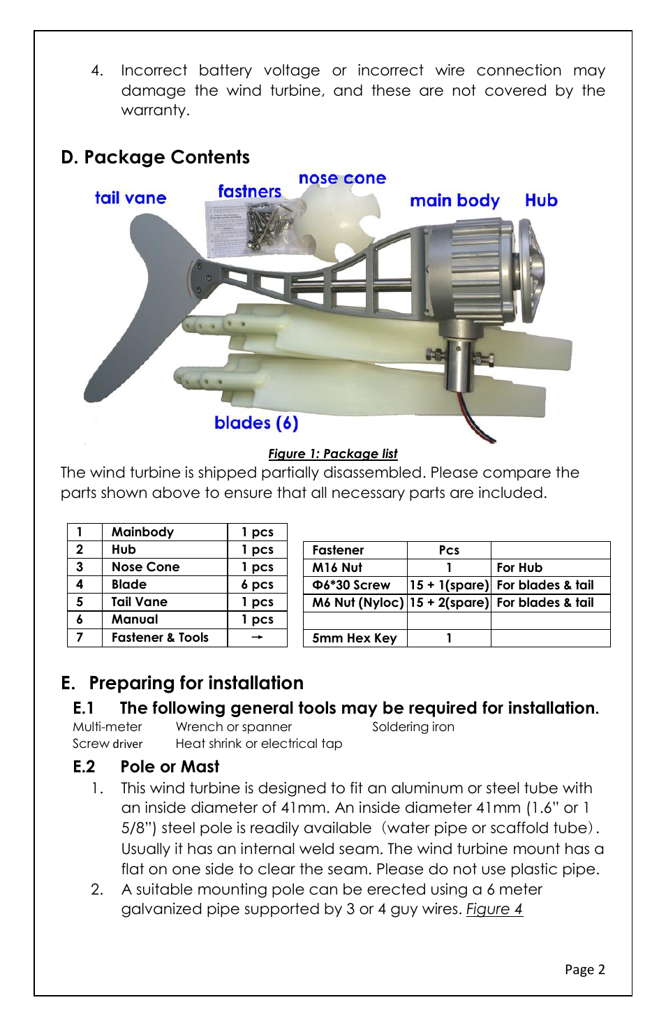 D. package contents, E ． preparing for installation, E.2 pole or mast | Tycon Power TPW-400DT 12/24V 400W Turbine User Manual | Page 2 / 8