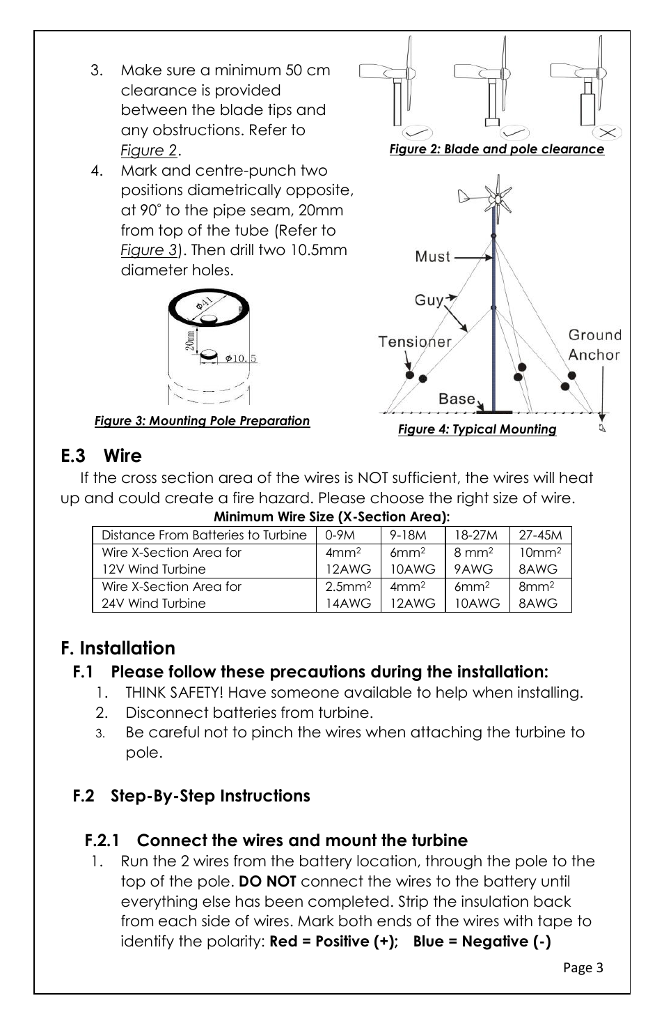 E.3 wire, F. installation, F.2 step-by-step instructions | F.2.1 connect the wires and mount the turbine | Tycon Power TPW-400DT 12/24V 400W Turbine User Manual | Page 3 / 8